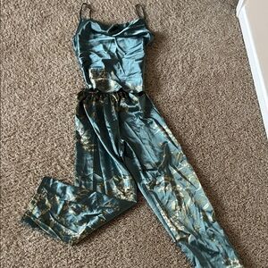 Satin Teal Floral Pajama Set